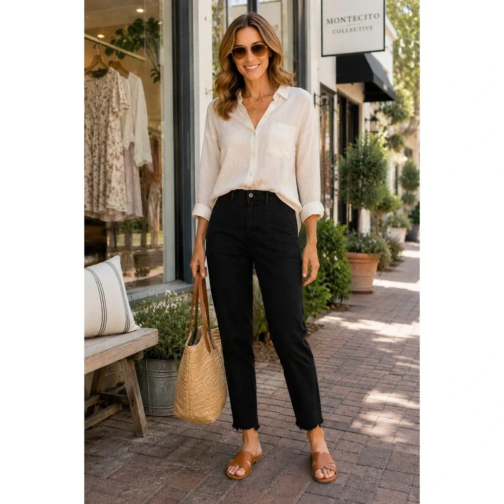 Bella Dahl Black Frayed Hem Tapered Utility Pants Women's Size 28 Cotton Tencel